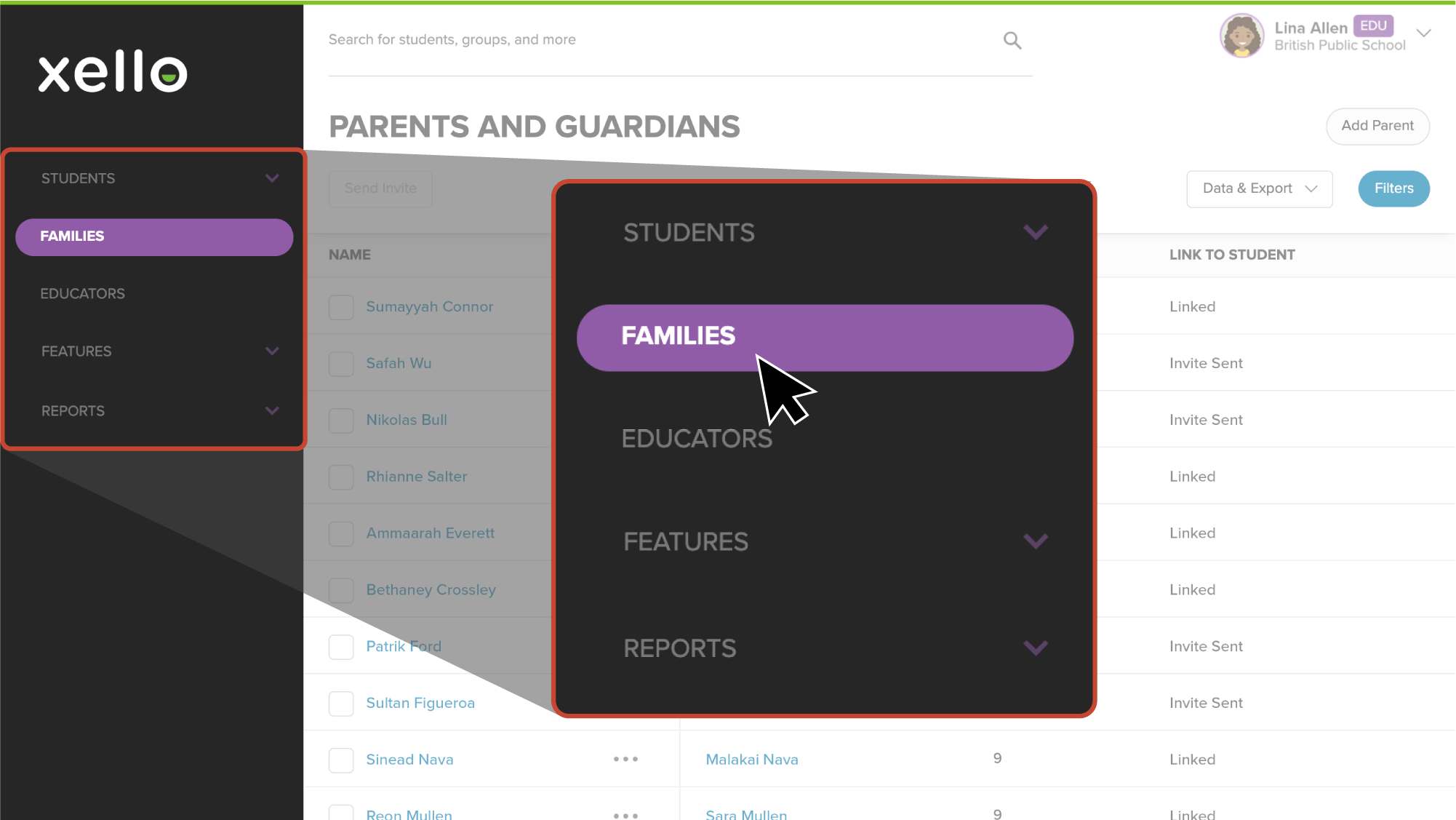 Educator Account with Families menu highlighted